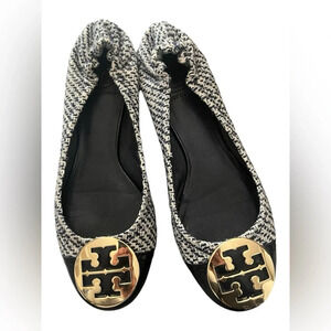 Tory Burch Black and White Flats with Gold Logo